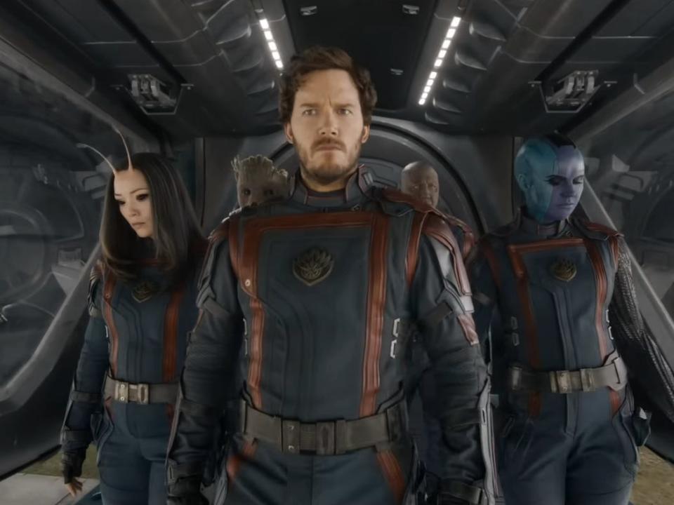 Pom Klementieff as Mantis, Chris Pratt as Peter Quill/Star-Lord, and Karen Gillan as Nebula in "Guardians of the Galaxy Vol. 3."