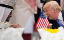 A handout picture provided by the Saudi Royal Palace on May 21, 2017, shows Abu Dhabi Crown Prince Mohammed bin Zayed al-Nahayan (L) chatting with US President Donald Trump during a meeting with leaders of the Gulf Cooperation Council in Riyadh