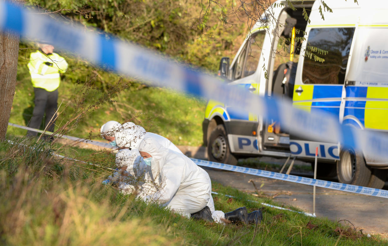 PLYMOUTH, ENGLAND - NOVEMBER 25: Police carry out a fingertip search of the hill behind Sheepstor Road bus stop on November 25, 2021 in Plymouth, England. Bobbi-Anne McLeod went missing after leaving her home in Leigham in Plymouth at around 6 pm on Saturday. A murder investigation was launched after a body was found near Bovisand in South Hams on the south coast of Devon by police who had been searching for the missing 18-year-old woman. Two men are currently in police custody, arrested on suspicion of murder. (Photo by Finnbarr Webster/Getty Images)