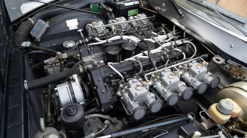 The 4.4-liter, Colombo-designed V12 engine inside a 1972 Ferrari 365 GTC/4. 