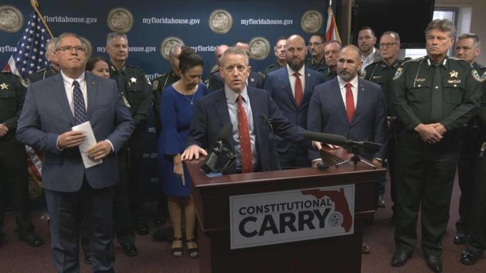 Florida House Speaker Paul Renner announces a proposal that would allow people to carry concealed weapons without licenses or training during a press conference in Auburndale, Florida, on Monday, Jan. 30, 2023.