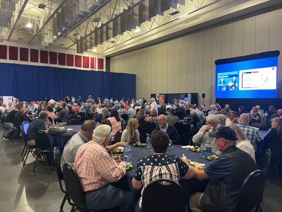 A portion of the crowd attending the Mike Lindell Election Crime Bureau Summit in Springfield, MO enjoys a meal and watches a live stream of the event in an accompanying room at the Springfield Expo Center on Aug. 16, 2023.