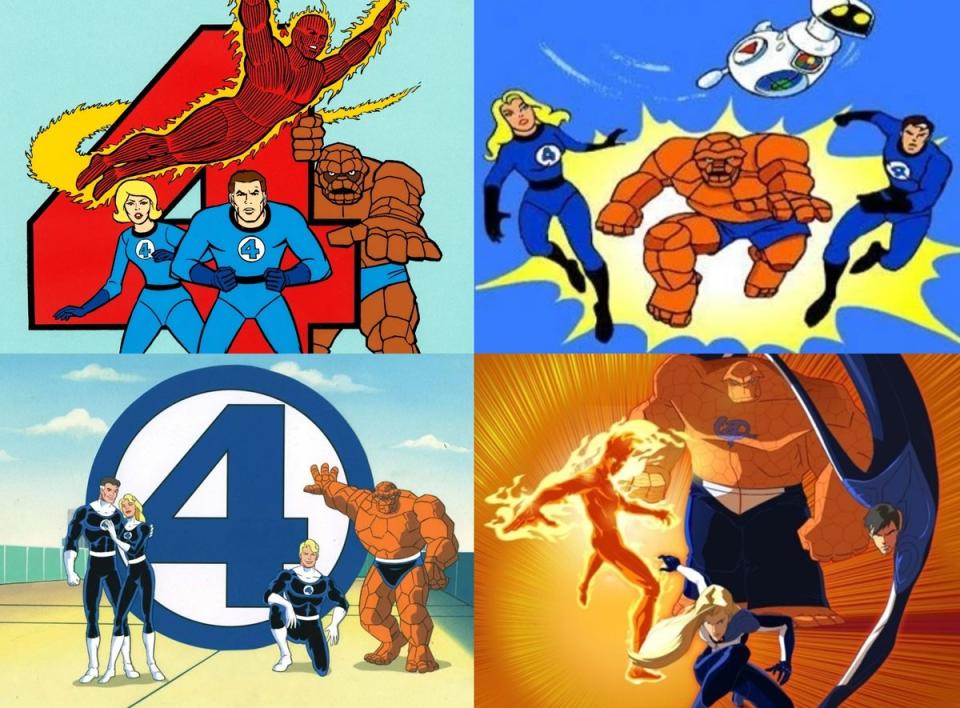 The Fantastic Four in their various cartoons, from 1967, 1978, 1994, and 2006.