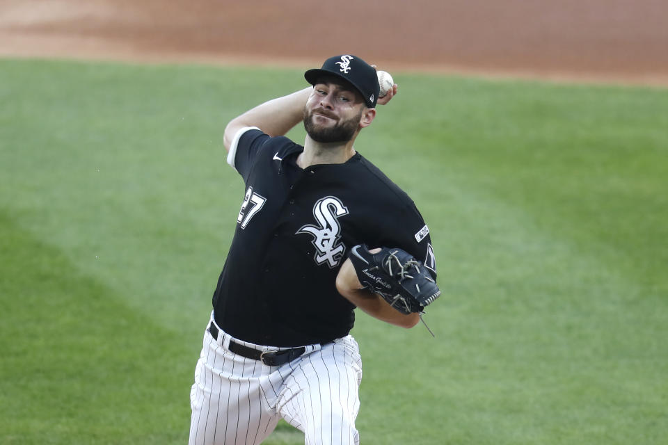 Chicago White Sox starting pitcher Lucas Giolito delivers during the first inning of a baseball game against the Minnesota Twins Friday, July 24, 2020, in Chicago. (AP Photo/Charles Rex Arbogast)