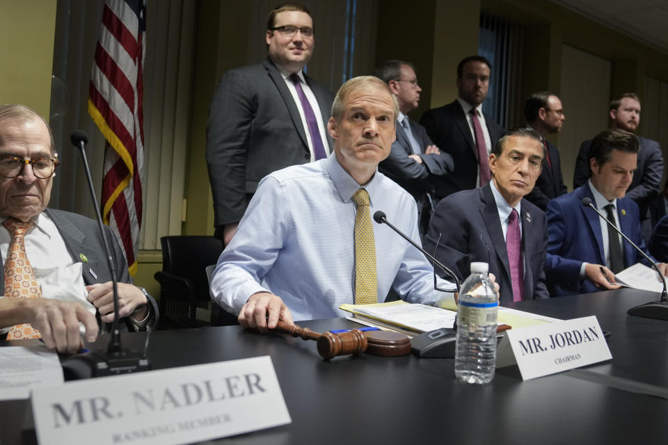 House Judiciary Committee Chair Jim Jordan, R-Ohio, center, Rep. Jerry Nadler, D-N.Y., left, Rep. Darrell Issa, R-Calif., second from right, and Rep. Matt Gaetz, R-Fla., right, at a House Judiciary Committee field hearing on Monday