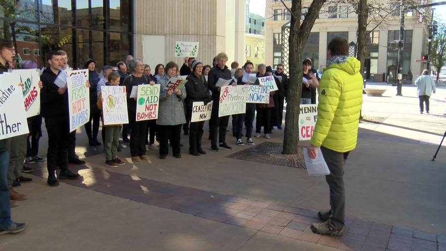 During a peaceful rally in downtown Wichita on March 27, 2024, participants call for a ceasefire in Gaza. (KSN News Photo)