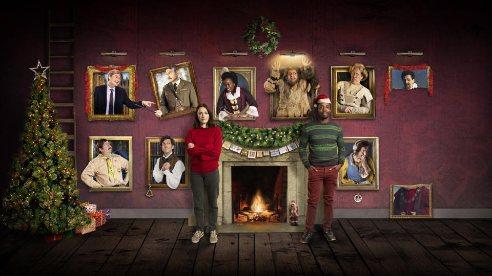 Programme Name: Ghosts Christmas Special - TX: n/a - Episode: Ghosts Christmas Special (No. n/a) - Picture Shows: *NOT FOR PUBLICATION UNTIL 00:01HRS, TUESDAY 23RD NOVEMBER, 2021* Pat (JIM HOWICK), Julian (SIMON FARNABY), Thomas Thorne (MAT BAYNTON), The Captain (BEN WILLBOND), Alison (CHARLOTTE RITCHIE), Kitty (LOLLY ADEFOPE), Robin the Caveman (LARRY RICKARD), Mike (KIELL SMITH-BYNOE), Mary (KATY WIX), Lady Button (MARTHA HOWE-DOUGLAS), Humphrey (LARRY RICKARD) - (C) Monumental Television - Photographer: Guido Mandozzi