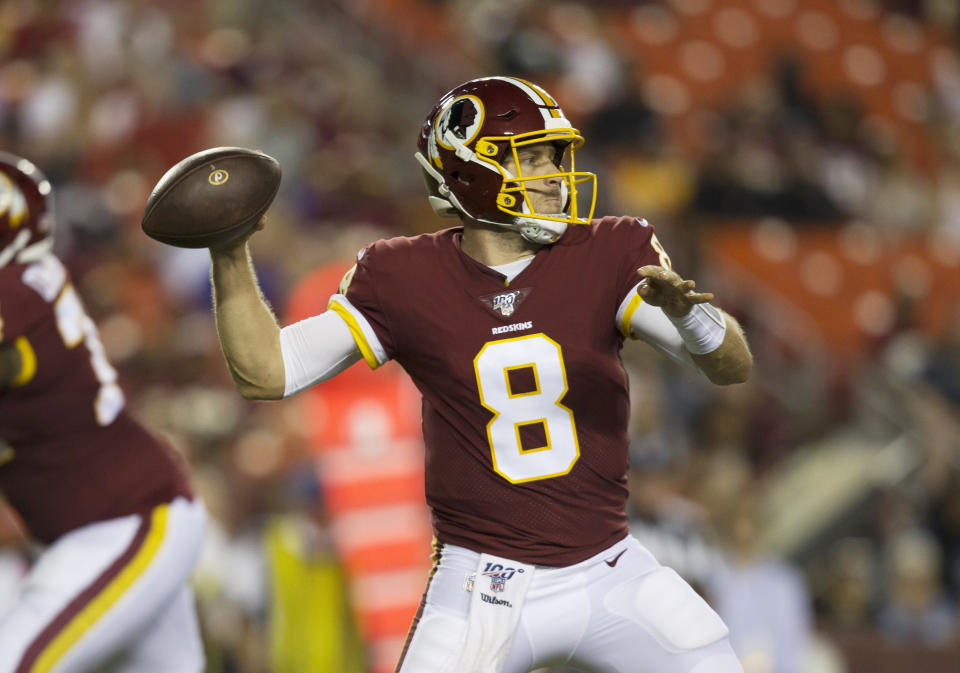 LANDOVER, MD - AUGUST 15: Washington Redskins quarterback Case Keenum (8) throws a pass from the pocket during a NFL preseason game between the Cincinnati Bengals and Washington Redskins on August 15, 2019, at FedEx Field in Landover, MD. (Photo by Lee Coleman/Icon Sportswire via Getty Images)