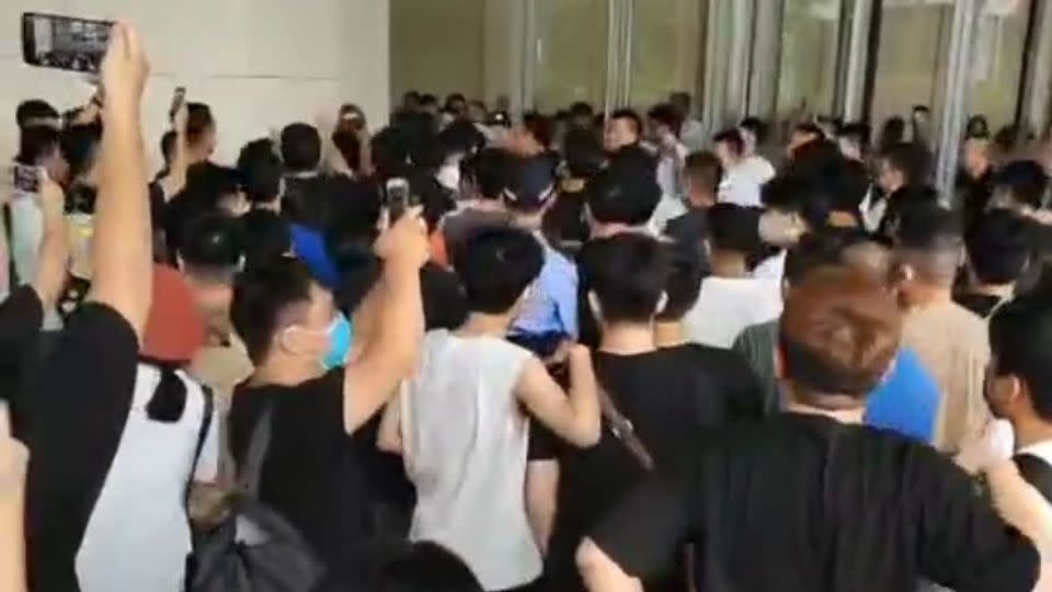 Temu suppliers protesting at the Aoyuan Group Mansion in Guangzhou, China, on July 29. - Obtained by CNN