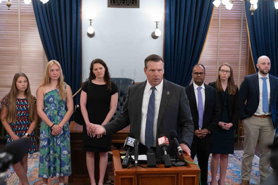 Kansas Attorney General Kris Kobach outlined a lawsuit against the Biden administration regarding changes to Title IX during a Tuesday news conference at the Kansas Statehouse.