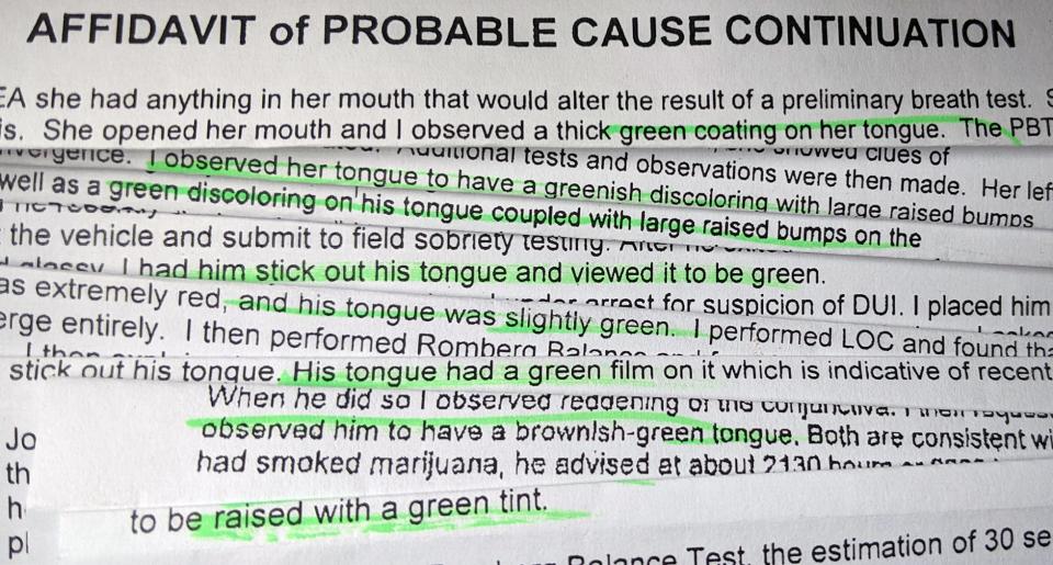 The York (Pa.) Daily Record/Sunday News analyzed more than 1,300 DUI cases that reached the York County Court of Common Pleas in 2018 and found at least 28 that mentioned phrases such as "green coating," "green film" and "green tint.” Some of the affidavits of probable cause that reference the observation are pictured in this photo illustration.