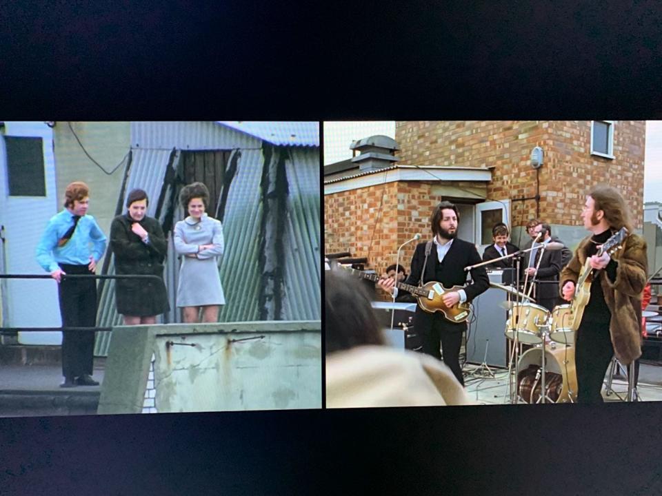 Jennifer "Jenny" Spruill (at right, in miniskirt) watching The Beatles play their final concert together on the rooftop of a London building in 1969.