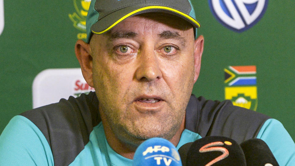 Darren Lehmann, pictured here resigning as Australia's national cricket coach in 2018.