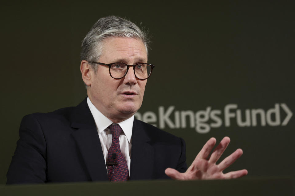 Britain's Prime Minister Keir Starmer delivers a speech in London, Thursday Sept. 12, 2024. (Isabel Infantes/Pool Photo via AP)