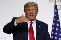 U.S President Donald Trump speaks during the final press conference with French President Emmanuel Macron during the G7 summit Monday, Aug. 26, 2019 in Biarritz, southwestern France. French president says he hopes for meeting between US President Trump and Iranian President Rouhani in coming weeks. (AP Photo/Francois Mori)