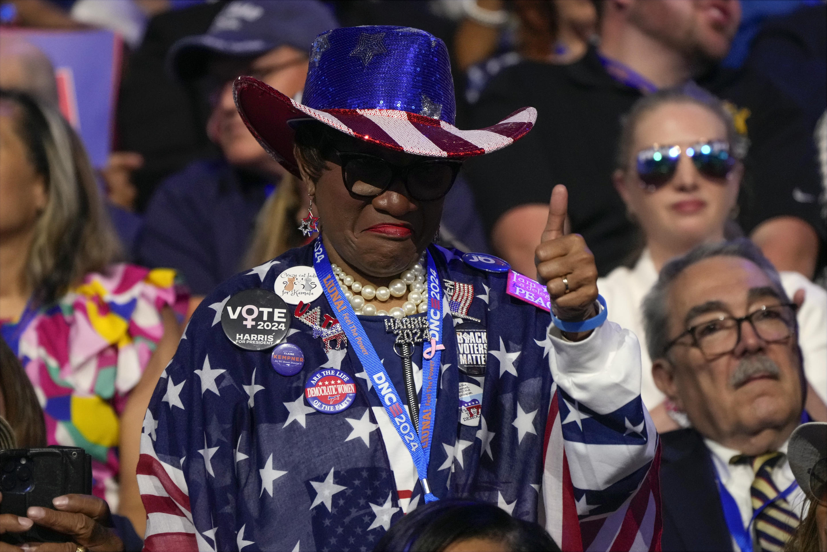 A delegate gives a thumbs up during the first day of Democratic National Convention in Chicago on Monday. (Jacquelyn Martin/AP)