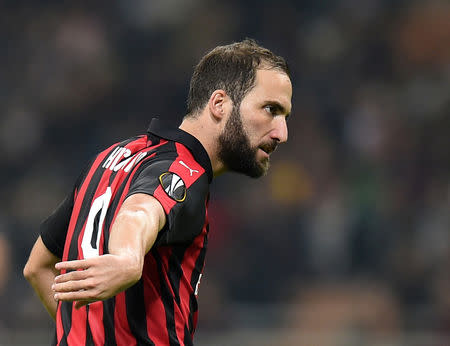 FILE PHOTO: Soccer Football - Europa League - Group Stage - Group F - AC Milan v Real Betis - San Siro, Milan, Italy - October 25, 2018 AC Milan's Gonzalo Higuain reacts REUTERS/Daniele Mascolo