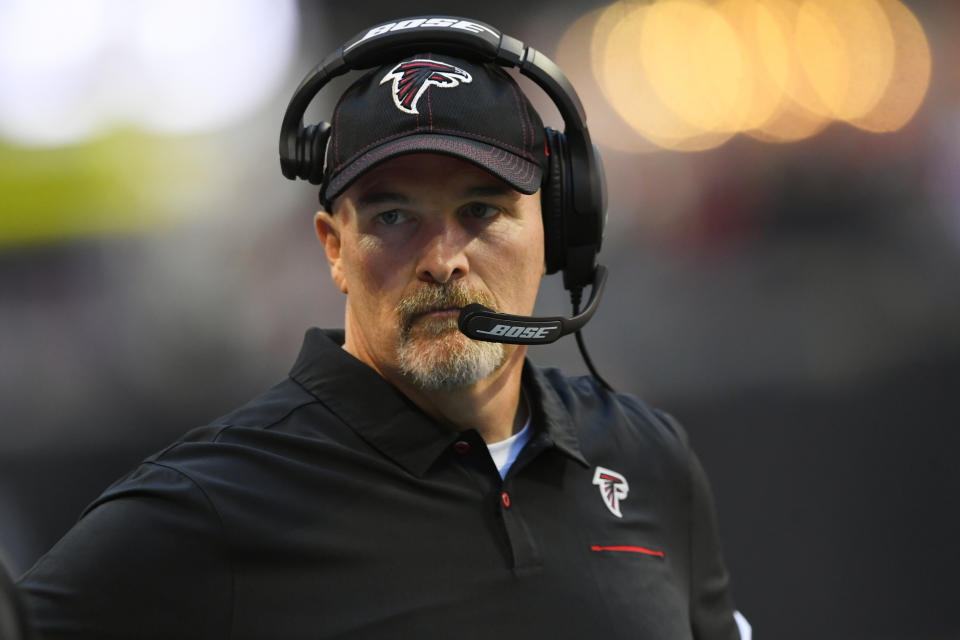 Atlanta Falcons head coach Dan Quinn stands on the sidelines during the first half of an NFL football game against the Seattle Seahawks, Sunday, Oct. 27, 2019, in Atlanta. (AP Photo/John Amis)