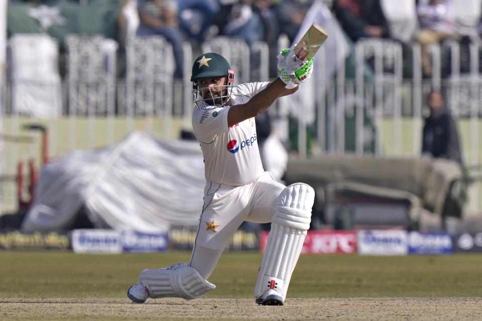 Pakistan's Babar Azam bats during the third day of the first test cricket match between Pakistan and England, in Rawalpindi, Pakistan, Saturday, Dec. 3, 2022. (AP Photo/Anjum Naveed)