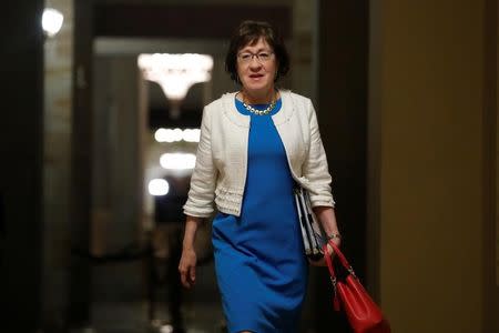 Senator Susan Collins (R-ME) walks to the Senate floor ahead of a vote on the health care bill on Capitol Hill in Washington, U.S., July 27, 2017. Picture taken July 27, 2017. REUTERS/Aaron P. Bernstein