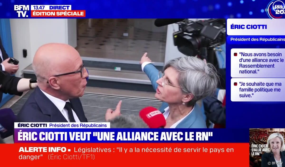 Sandrine Rousseau a vivement interpellé Eric Ciotti ce mardi 11 juin devant le siège des Républicains à Paris. - BFMTV