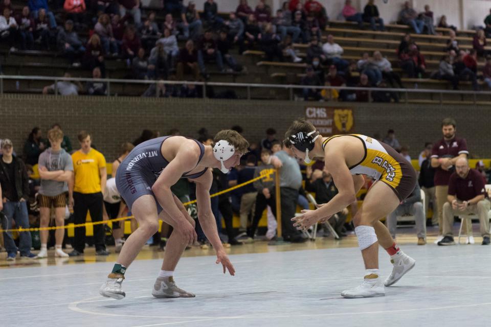 Chris Newman of Mt. Vernon and Luke Kemper of Evansville Central compete in the 160-pound championship match of the IHSAA 2022 Wrestling Sectional tournament at Central High School in Evansville, Ind., Saturday afternoon, Jan. 29, 2022.