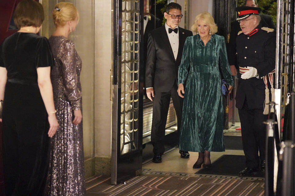 Britain's Queen Camilla arrives at the annual awards ceremony of the Foreign Press Association, which is celebrating its 135th anniversary, at Sheraton Grand Park Lane, London, Monday, Nov. 20, 2023. (Jonathan Brady/PA via AP)