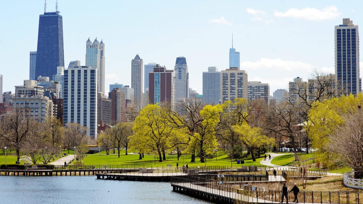 Chicago skyline with skyscrapers viewed from Lincoln Park over lake Illinois.