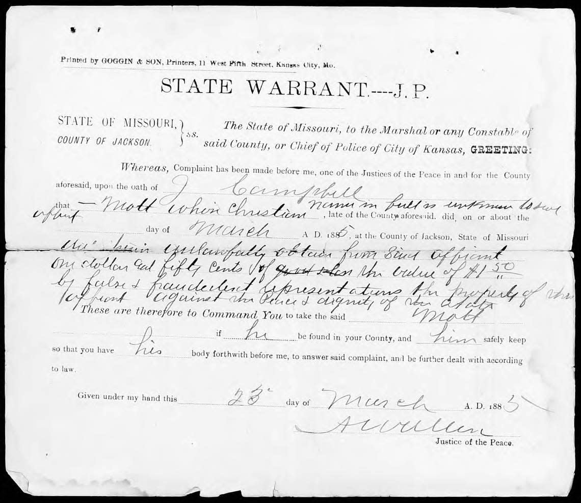 The 1885 arrest warrant for John Harvey Mott.