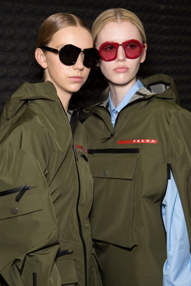 Models backstage at the Prada Fall 2019 show. Photo: Imaxtree