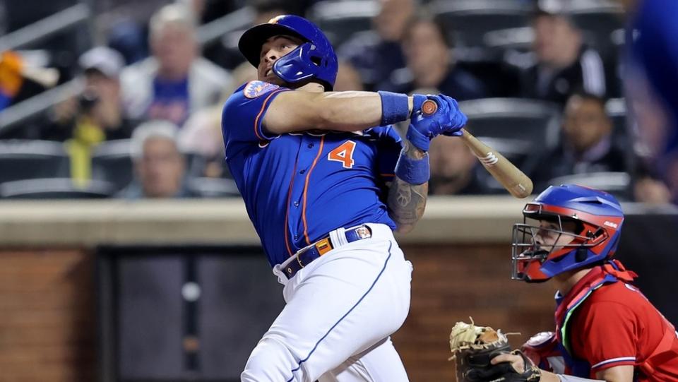 Sep 30, 2023; New York City, New York, USA; New York Mets catcher Francisco Alvarez (4) follows through on a grand slam home run against the Philadelphia Phillies during the third inning at Citi Field.