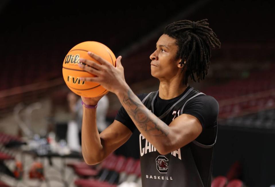 Arden Conyers (21) of South Carolina takes a shot during the Gamecocks’ practice at Colonial Life Arena in Columbia on Thursday, October 5, 2023.