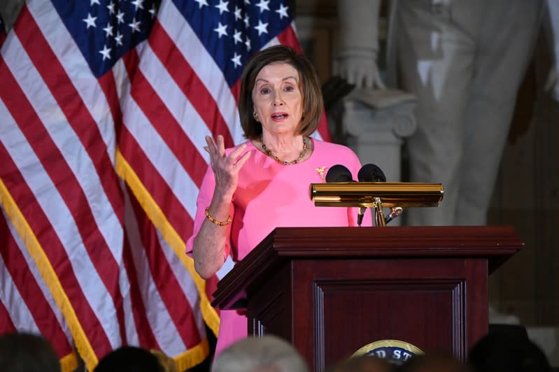 Speaker of the House Pelosi speaks at the unveiling of the congressional portrait of Former House Speaker Boehner at the U.S. Capitol in Washington