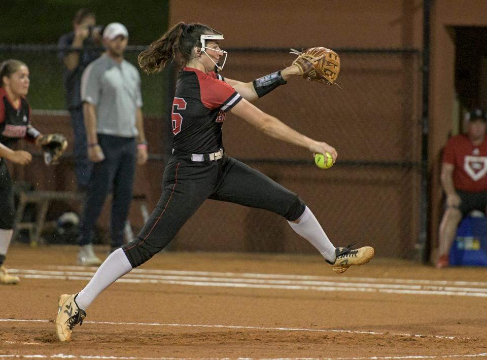 Middleburg’s Mallory Forrester (26) pitches during the 5A state championship game between South Lake High School and Middleburg High School at Legends Way Ballfields in Clermont on Friday, May 27, 2022. [PAUL RYAN / CORRESPONDENT]