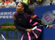 Aug 30, 2016; New York, NY, USA; Serena Williams of the USA hits to Ekaterina Makarova of Russia on day two of the 2016 U.S. Open tennis tournament at USTA Billie Jean King National Tennis Center. Mandatory Credit: Robert Deutsch-USA TODAY Sports