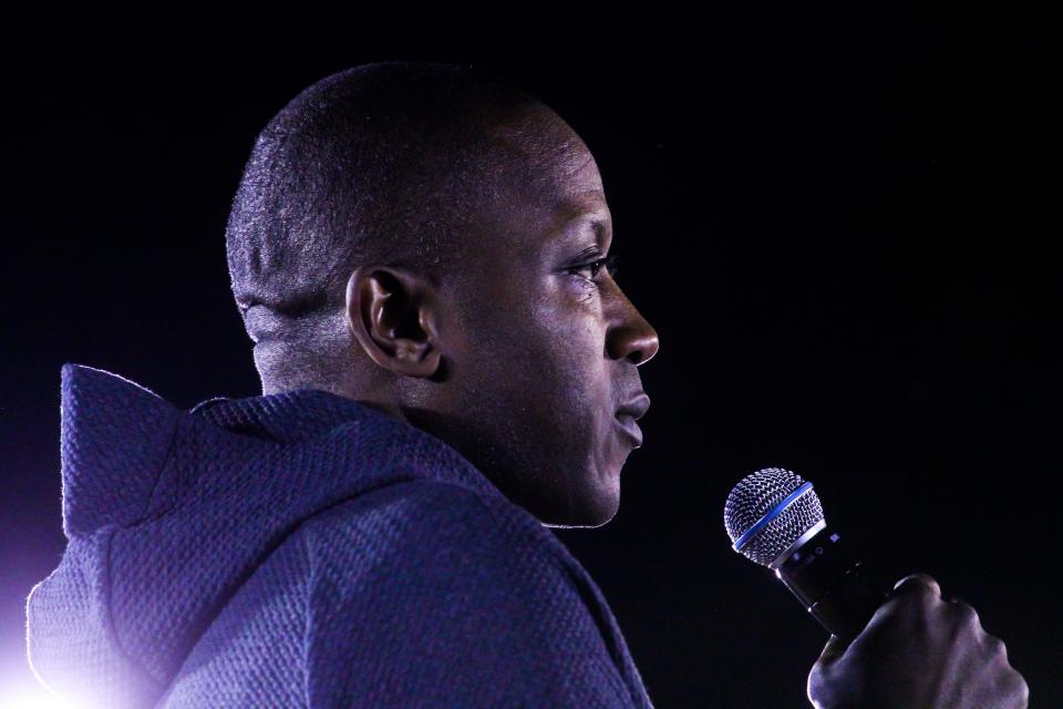 Missouri men's basketball coach Dennis Gates addresses the crowd during Mizzou Madness in the Francis Quadtriangle on Oct. 6, 2023, in Columbia, Mo.