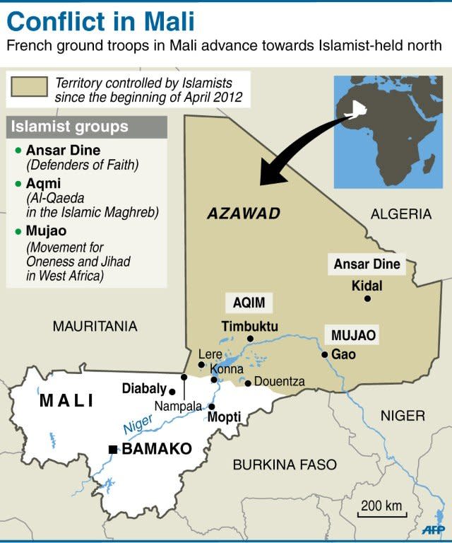 Map of Mali locating northern stronghold of Islamist groups