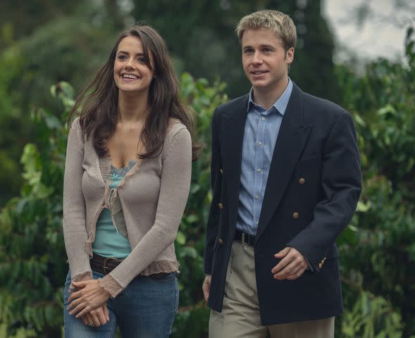 <p>Netflix</p> Meg Bellamy as Kate Middleton and Ed McVey as Prince William in season 6 of 'The Crown' on Netflix.