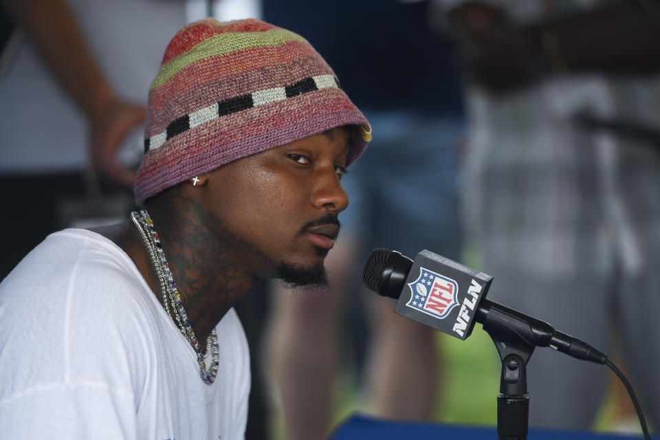 Buffalo Bills wide receiver Stefon Diggs speaks at a news conference after practice at the NFL football team's training camp in Pittsford, N.Y., Wednesday, July 26, 2023. (AP Photo/Adrian Kraus)