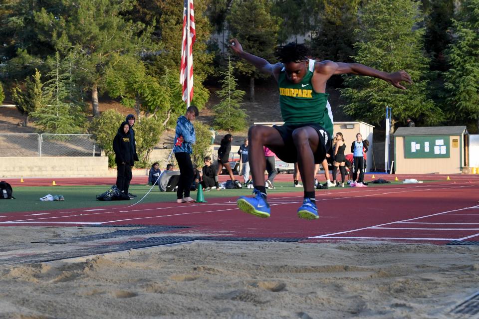 Moorpark's Victor Ezike competes in the triple jump at the Ventura County Track and Field Championships on April 22 at Moorpark High. The CIF-Southern Section finals for all divisions will be held at Moorpark High on Saturday.