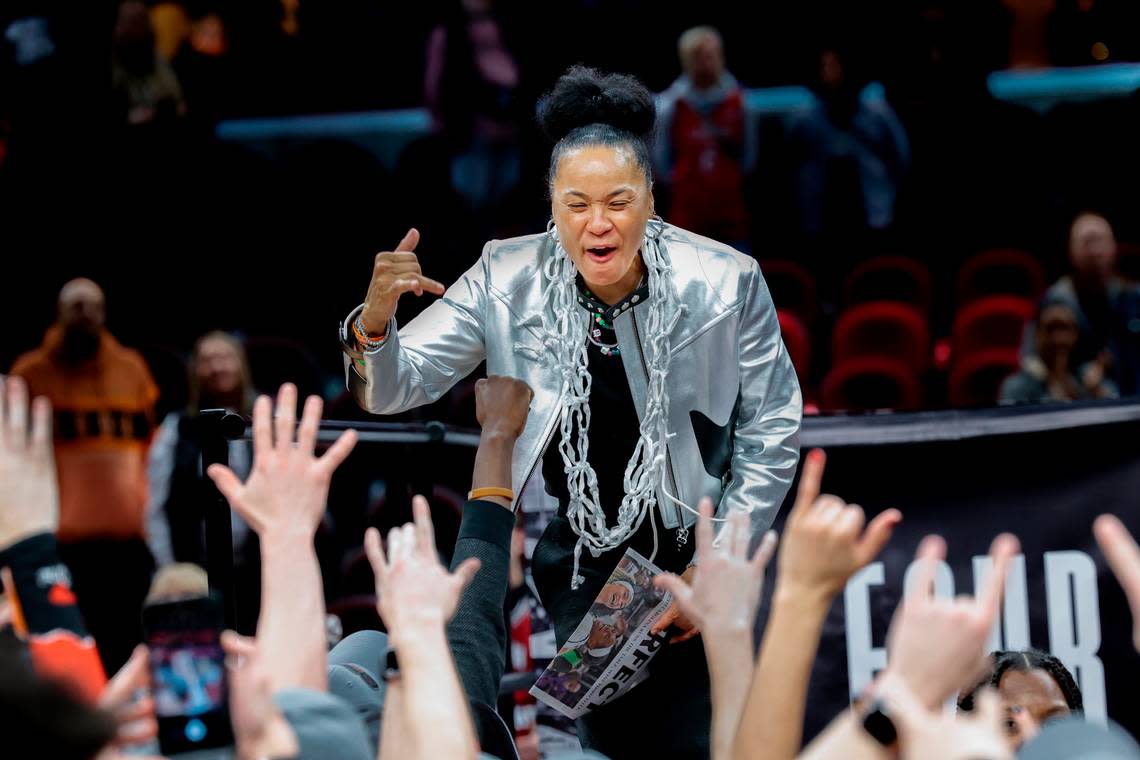 Dawn Staley during the National Championship game at the Rocket Mortgage FieldHouse in Cleveland, Ohio on Sunday April 7, 2024.