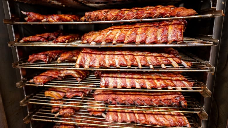 smoked pork ribs in barbecue smoker