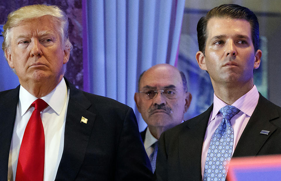 FILE - President-elect Donald Trump, left, his chief financial officer Allen Weisselberg, center, and his son Donald Trump Jr., right, attend a news conference at Trump Tower in New York, on Jan. 11, 2017. New York’s attorney general sued former President Donald Trump and his company on Wednesday, alleging business fraud involving some of their most prized assets, including properties in Manhattan, Chicago and Washington, D.C. (AP Photo/Evan Vucci, File)