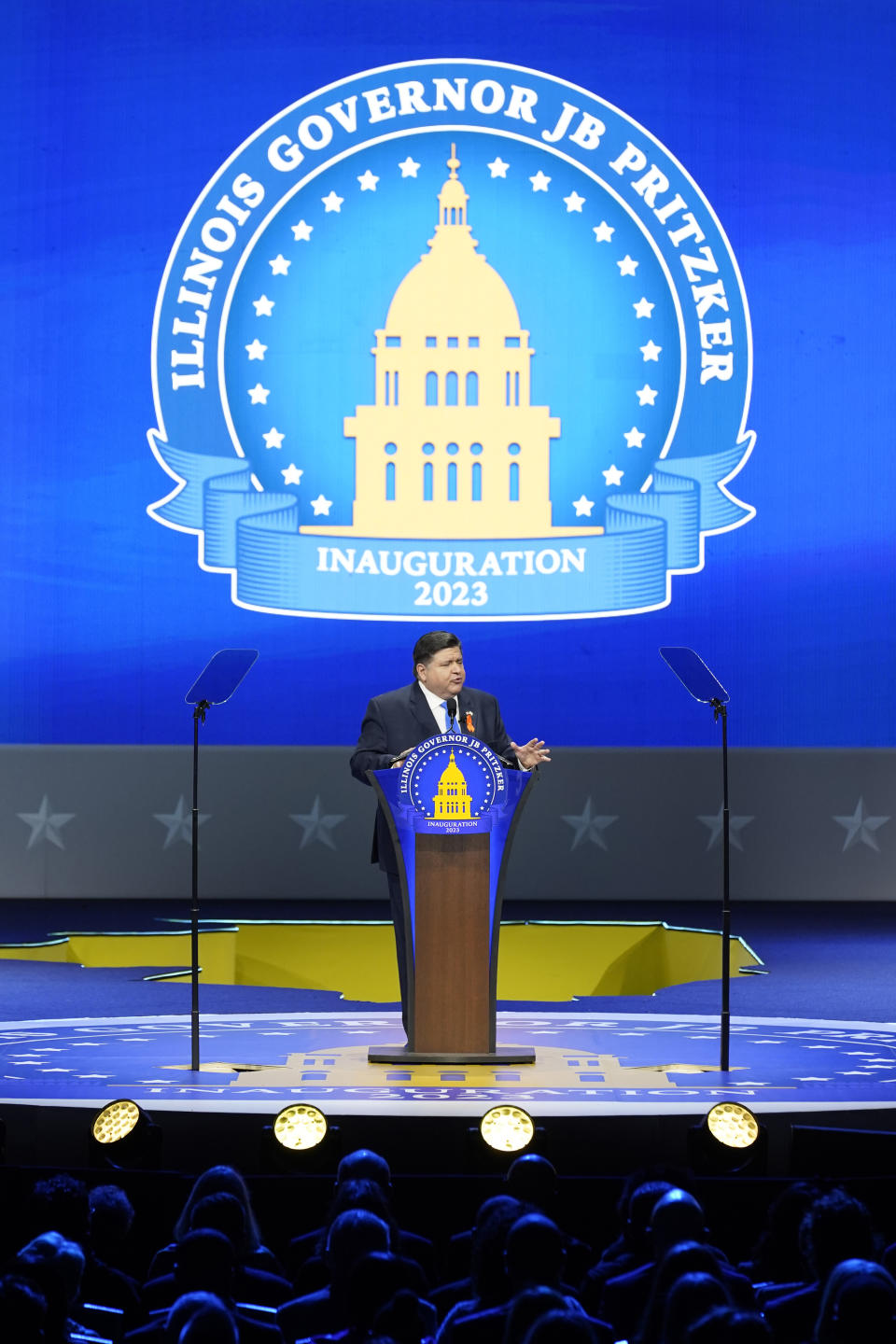 Illinois Gov. J.B. Pritzker delivers his inaugural address during ceremonies Monday, Jan. 9, 2023, in Springfield, Ill. (AP Photo/Charles Rex Arbogast)
