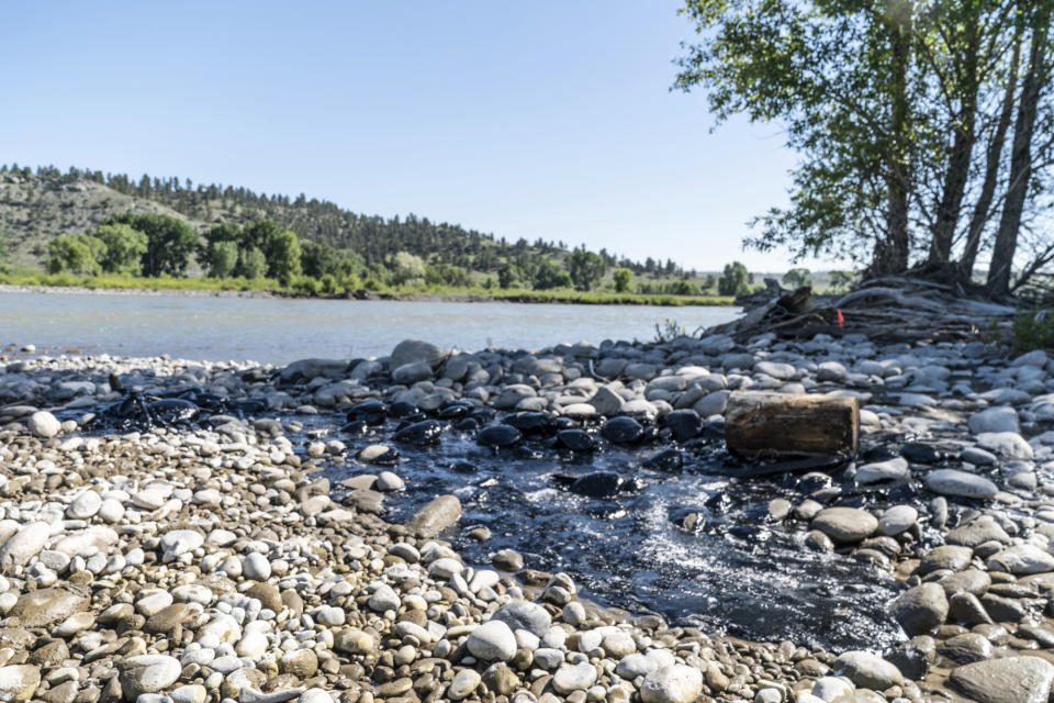 Petroleum products cover areas along the banks of the Yellowstone River near Columbus, Mont., July 1, 2023, following a freight train wreck last week in which tank cars fell into the river when a bridge collapsed. Officials with the Environmental Protection Agency said cleanup efforts began on Sunday, July 2, with workers cooling the asphalt binder with river water, rolling it up and putting the globs into garbage bags. (Alexis Bonogofsky via AP)