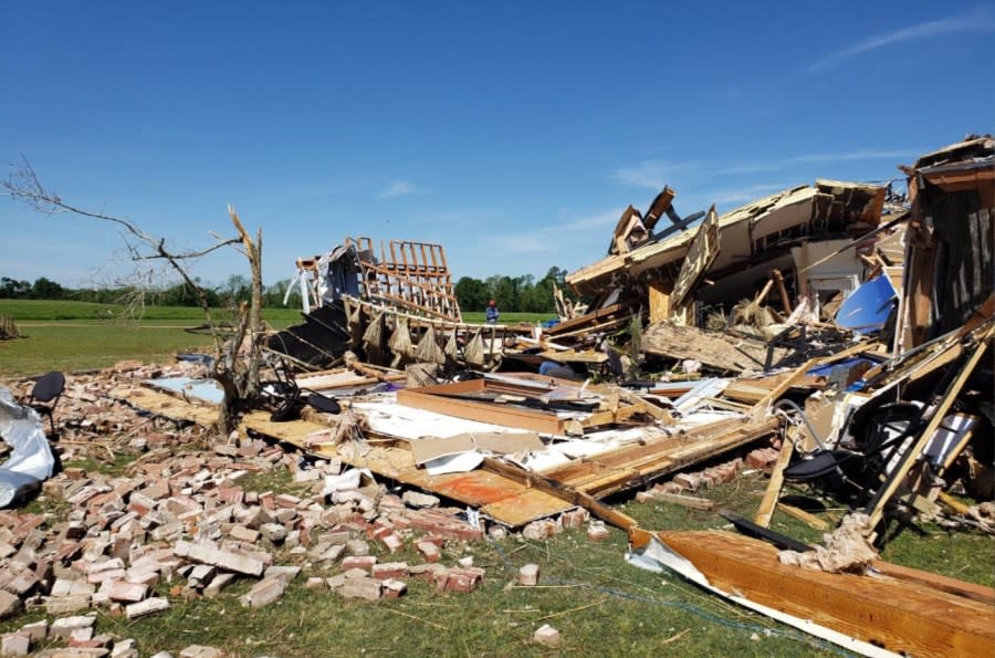 Photos of the aftermath of the tornado at the Caddo Mounds State Historic Site in 2019