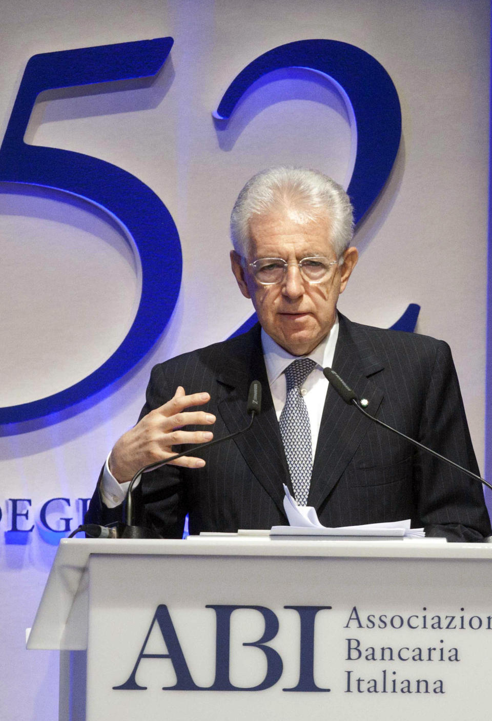 Italian Premier Mario Monti delivers his speech during the 52nd Italian Banking Association (ABI) annual assembly in Rome, Wednesday, July 11, 2012. Monti has ruled out running for office when his term ends, in the spring of 2013, while predecessor Silvio Berlusconi is reportedly considering entering the race. (AP Photo/Mauro Scrobogna, Lapresse)