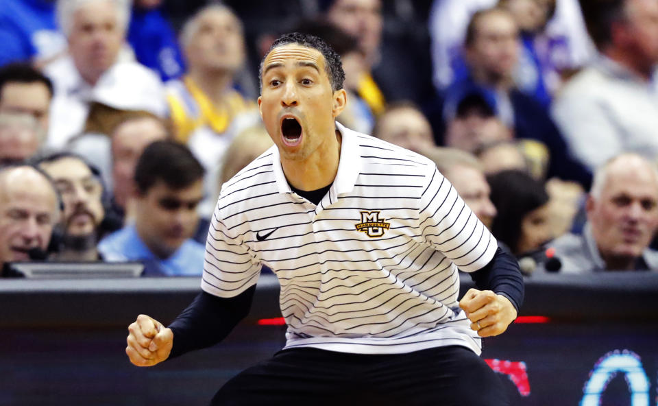 Marquette head coach Shaka Smart reacts during the second half of an NCAA college basketball game against Seton Hall in Newark, N.J., Saturday, Jan. 21, 2023. (AP Photo/Noah K. Murray)