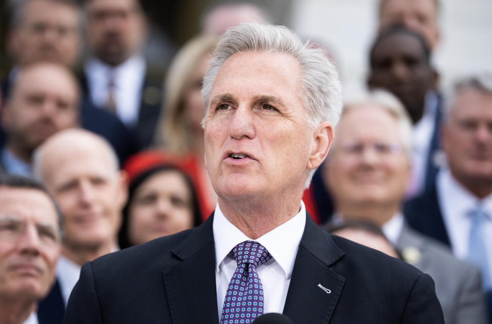 UNITED STATES - MAY 17: Speaker of the House Kevin McCarthy, R-Calif., conducts a news conference with house and senate Republicans on the 