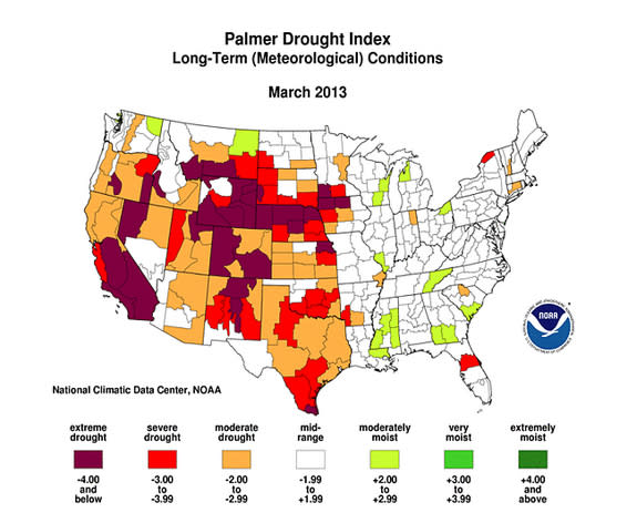 Drought in 2013 in the United States according to the Palmer Drought Severity Index.